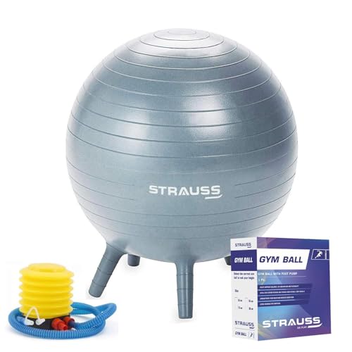 STRAUSS كرة جيم مطاطية مضادة للانفجار من ستراوس مع أرجل مستقرة ومضخة هواء مجانية | كرة سويسرية دائرية للتمارين، واليوغا، والحمل، والولادة، والتوازن والثبات، 55 سم، (رمادي) - Image 1