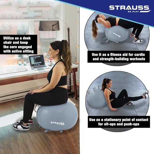 STRAUSS كرة جيم مطاطية مضادة للانفجار من ستراوس مع أرجل مستقرة ومضخة هواء مجانية | كرة سويسرية دائرية للتمارين، واليوغا، والحمل، والولادة، والتوازن والثبات، 55 سم، (رمادي) - Image 4