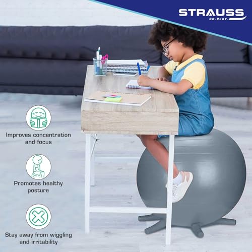 STRAUSS كرة جيم مطاطية مضادة للانفجار من ستراوس مع أرجل مستقرة ومضخة هواء مجانية | كرة سويسرية دائرية للتمارين، واليوغا، والحمل، والولادة، والتوازن والثبات، 55 سم، (رمادي) - Image 3