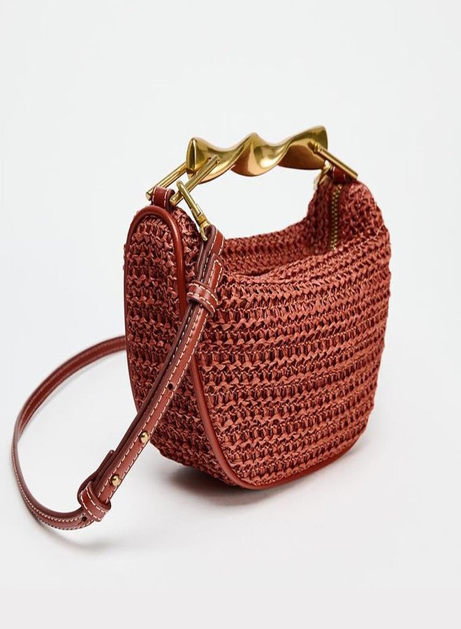 JYG Handmade Straw Crossbody Bags for Women Small Summer Satchel Purse Fashion Woven Shoulder Handbags with 2 Straps, Orange, Fashion - Image 3
