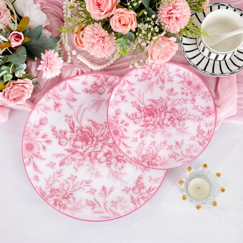 Joyido 60PCS Pink Plastic Plates - Elegant Pink Floral Plate - Heavy Duty Flower Plate Disposable Include 30 Dinner & 30 Dessert Plates for Bridal Shower Wedding Spring Party - Image 4