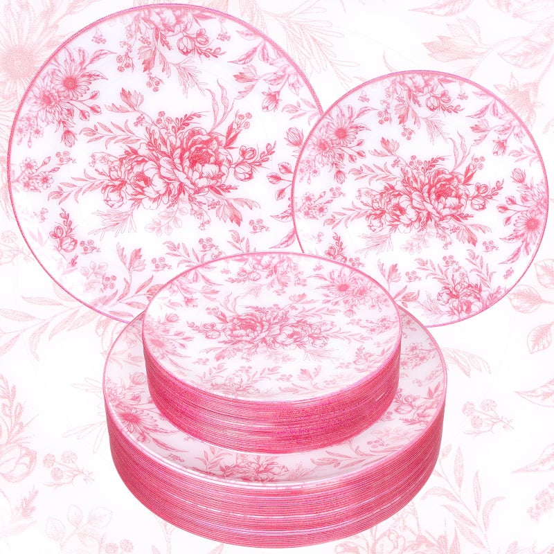 Joyido 60PCS Pink Plastic Plates - Elegant Pink Floral Plate - Heavy Duty Flower Plate Disposable Include 30 Dinner & 30 Dessert Plates for Bridal Shower Wedding Spring Party - Image 1