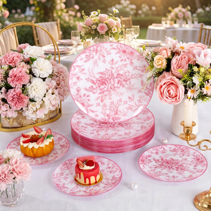 Joyido 60PCS Pink Plastic Plates - Elegant Pink Floral Plate - Heavy Duty Flower Plate Disposable Include 30 Dinner & 30 Dessert Plates for Bridal Shower Wedding Spring Party - Image 2
