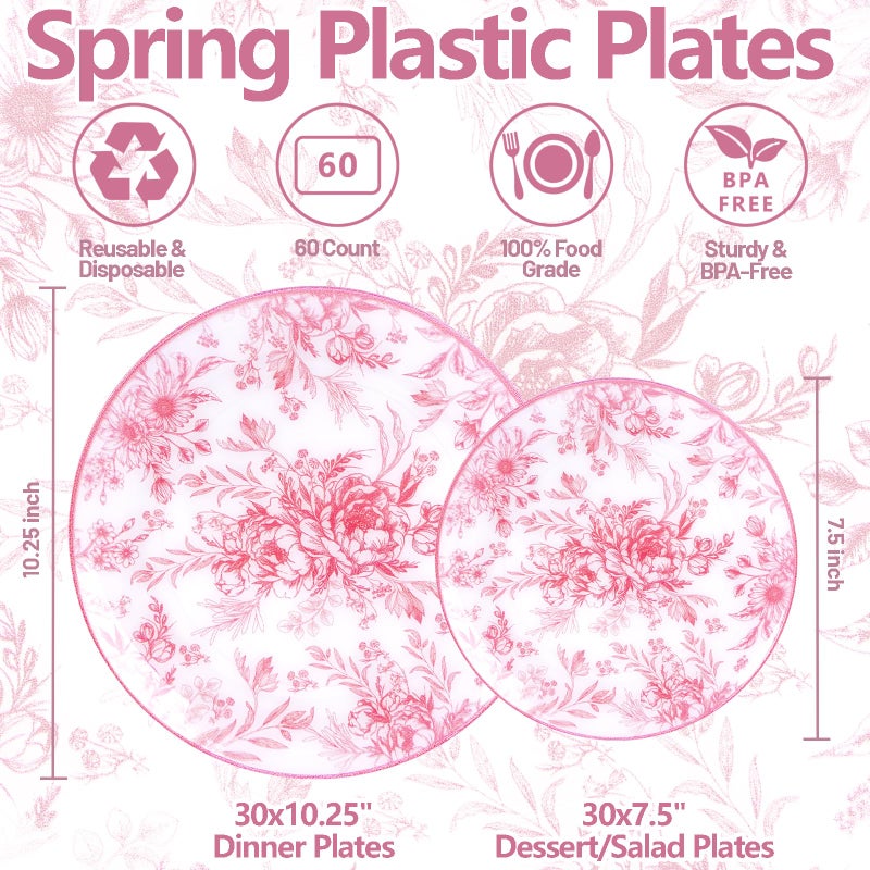 Joyido 60PCS Pink Plastic Plates - Elegant Pink Floral Plate - Heavy Duty Flower Plate Disposable Include 30 Dinner & 30 Dessert Plates for Bridal Shower Wedding Spring Party - Image 3