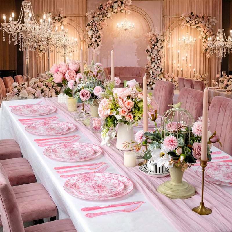 Joyido 60PCS Pink Plastic Plates - Elegant Pink Floral Plate - Heavy Duty Flower Plate Disposable Include 30 Dinner & 30 Dessert Plates for Bridal Shower Wedding Spring Party - Image 5