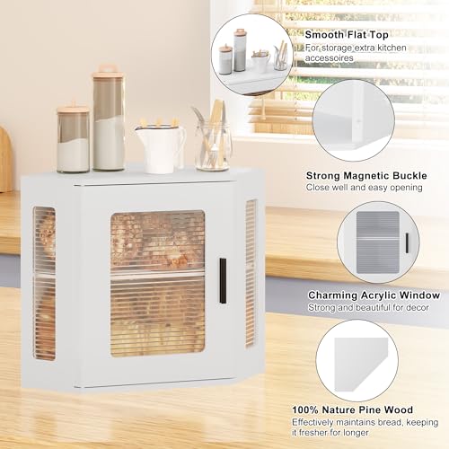 TQVAI Corner Bread Box for Kitchen Countertop, Solid Wood Double Layer Large Storage Container with Adjustable Shelves, Farmhouse Acrylic Window Design, White - Image 4