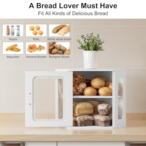 TQVAI Corner Bread Box for Kitchen Countertop, Solid Wood Double Layer Large Storage Container with Adjustable Shelves, Farmhouse Acrylic Window Design, White - Image 2