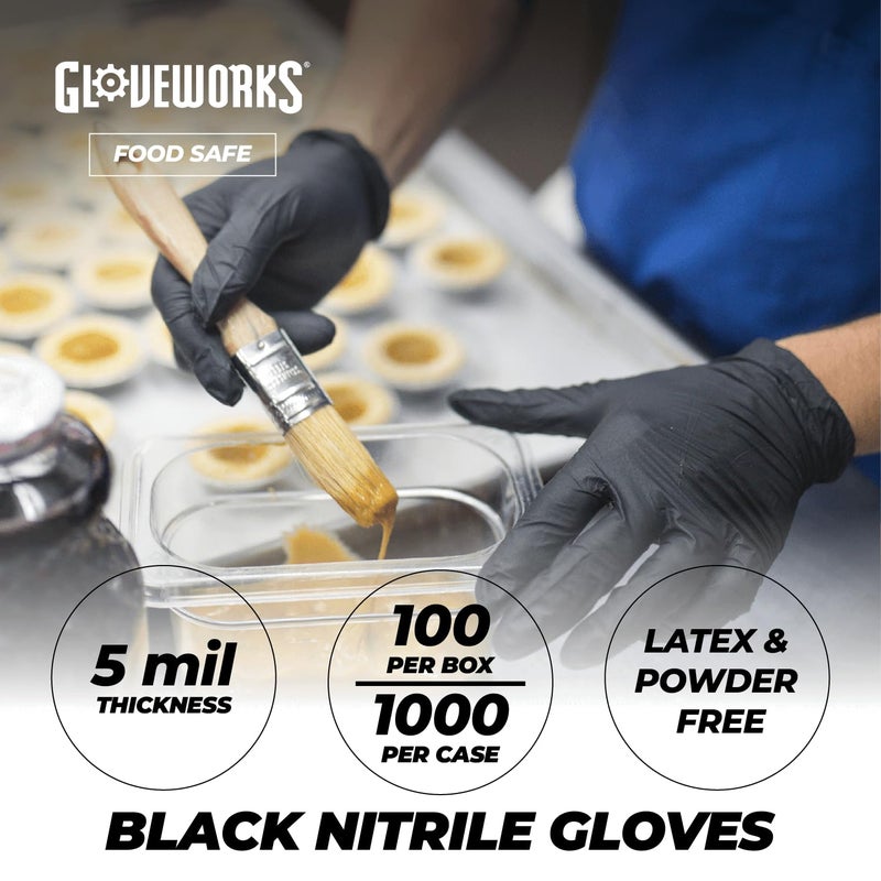 GLOVEWORKS قفازات غلووركس السوداء القابلة للتصرف من النيتريل الصناعية، 5 مل، خالية من اللاتكس والبودرة، آمنة للطعام، مزخرفة، كبيرة، علبة من 100 - Image 2
