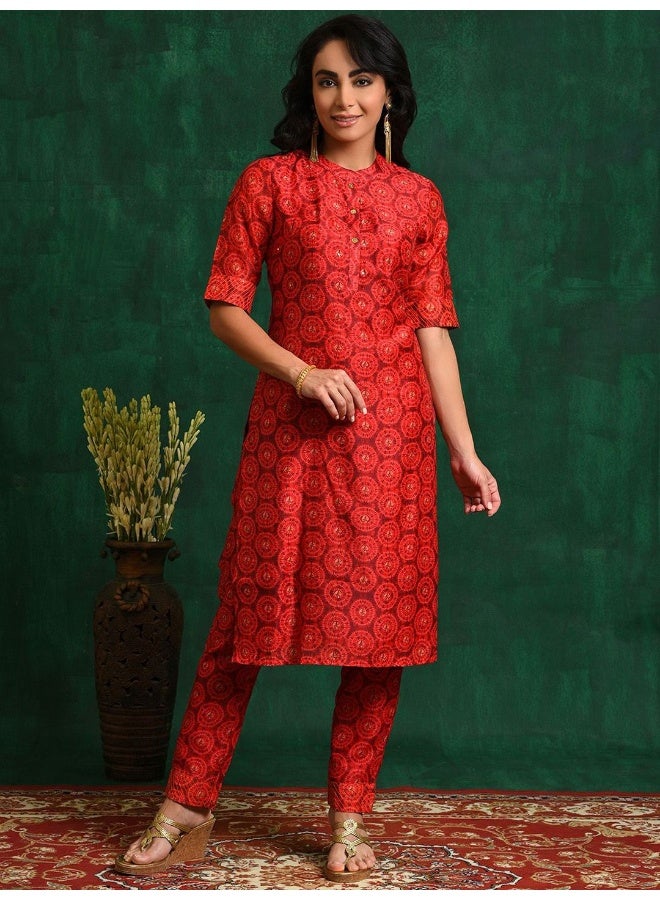 AKS Red Digital printed Chanderi Kurta Set - Image 1