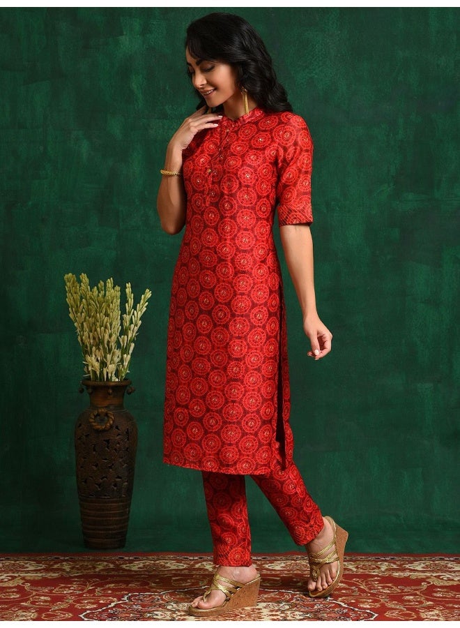AKS Red Digital printed Chanderi Kurta Set - Image 4