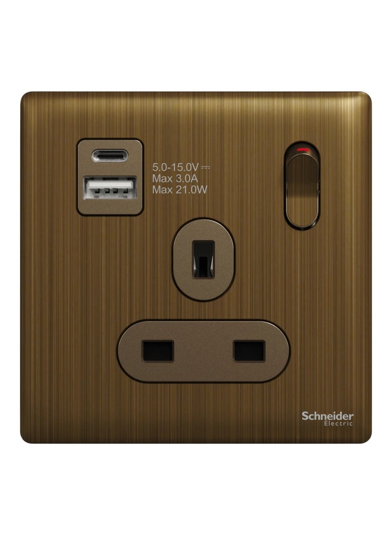 Schneider Electric Switched socket with USB, Unica X, 13A, 250V, 2 pole, type A+C, 21W, antique brass - NUX15DACQUS_AB - Image 1