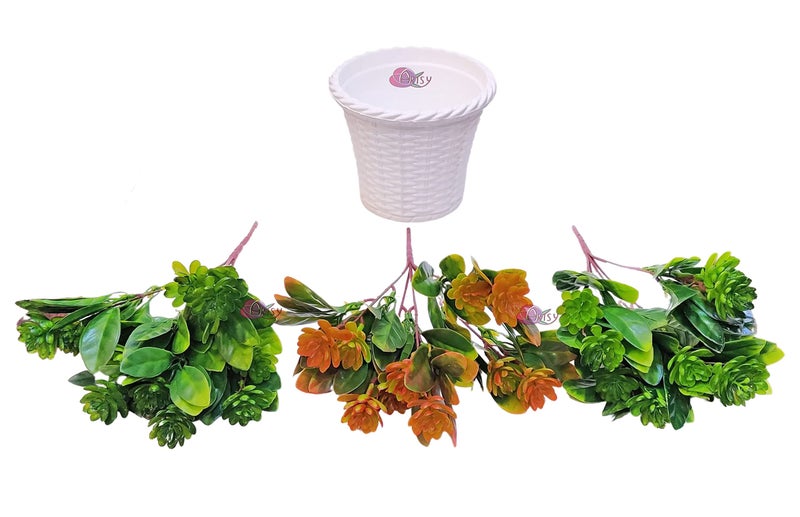 ARTSY® Artificial Plants with Pot for Home Decor, Leaves, Plants for Pot/vase, Home/Office Decor, Gift, Craft, Artificial Flowers with Pot, Combo, Pack of 3 Flower Pieces, 1 Pot, Mix - Image 5