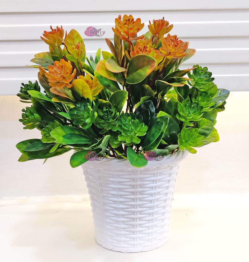 ARTSY® Artificial Plants with Pot for Home Decor, Leaves, Plants for Pot/vase, Home/Office Decor, Gift, Craft, Artificial Flowers with Pot, Combo, Pack of 3 Flower Pieces, 1 Pot, Mix - Image 1