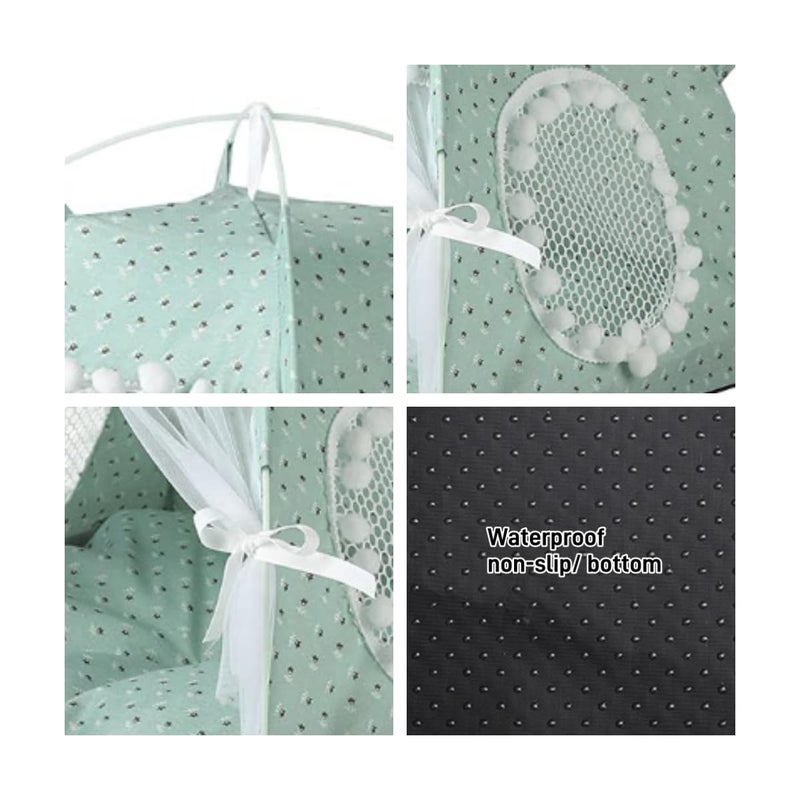Selena Cat Bed Tents Dog House Indoor Outdoor Lace Mesh Breathable Windows Door Curtains Removable Portable Nest Teepe House (Small,Mint&White) - Image 4