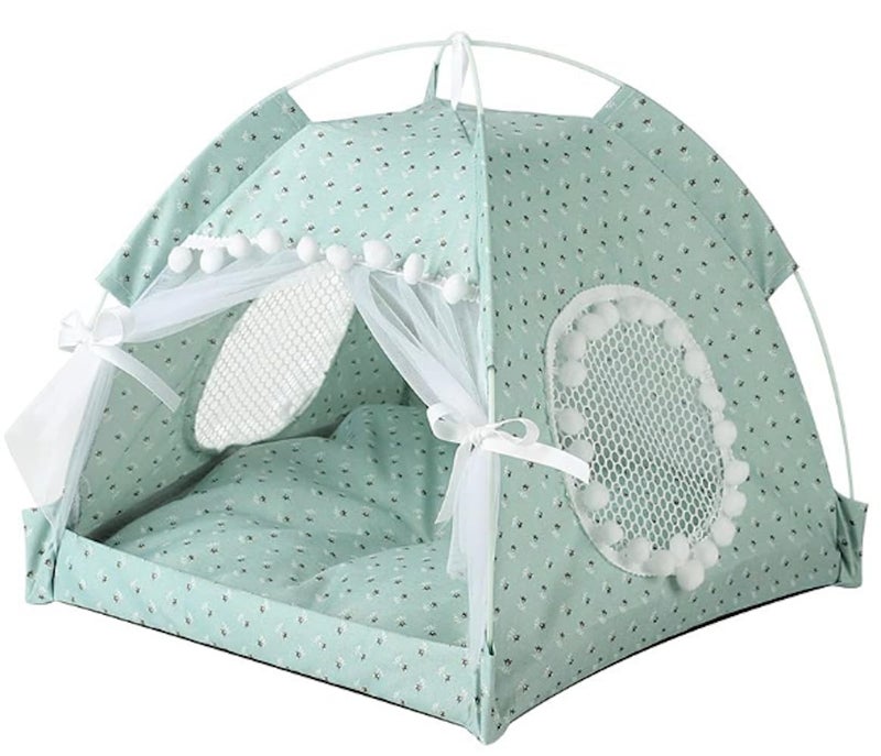 Selena Cat Bed Tents Dog House Indoor Outdoor Lace Mesh Breathable Windows Door Curtains Removable Portable Nest Teepe House (Small,Mint&White) - Image 2