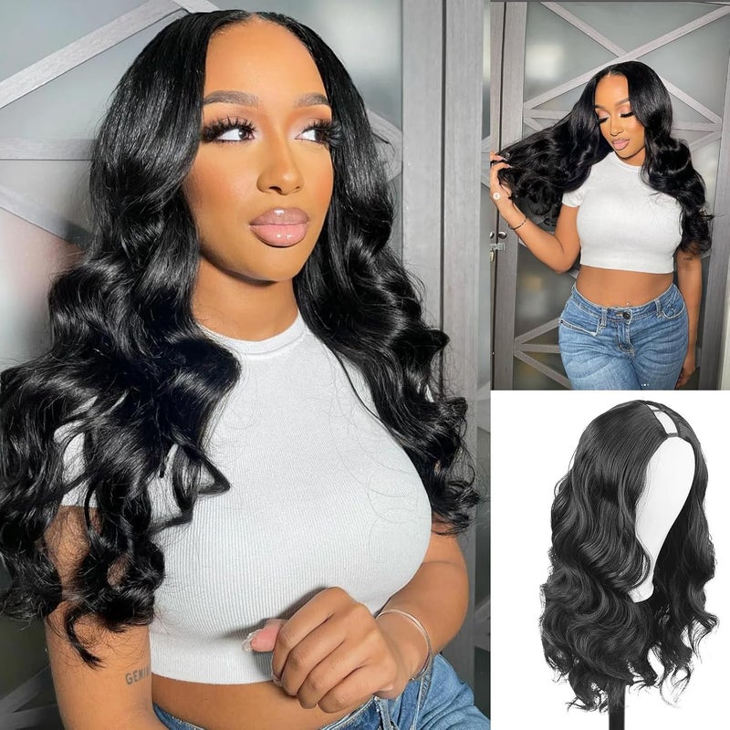 CINHOO Body Wave V Part Curly Wig for Black Women Synthetic Long Wavy Glueless Wigs Upgrade U Part Wigs For Black Women 24 inch Black No Leave Out V Part Wig Clip in Half Wigs1B