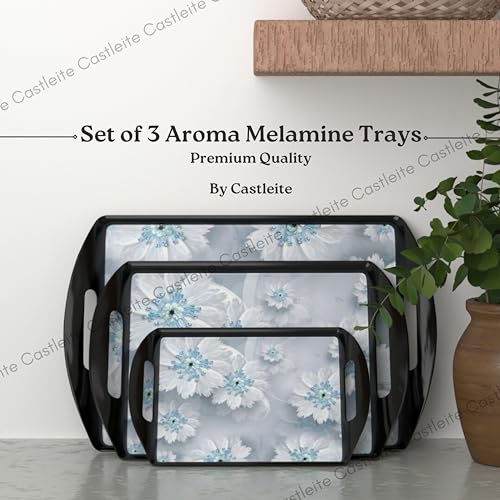 Castleite Aroma Series Melamine Trays Set Of 3 With Handles For Serving Snacks Or Tea - A Designer Tray Medley For Home Or Cafe Use (Jamaican Blue, Rectangular) - Image 2