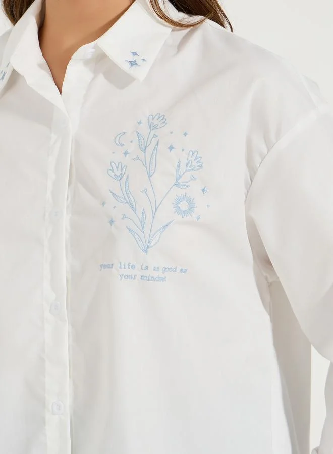 Styli Oversized Embroidery Detail Button Down Shirt