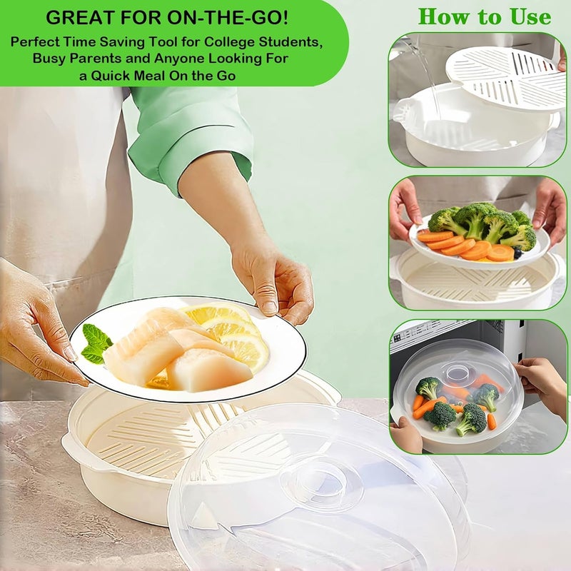 Bigwinyep Microwave Steamer for Vegetables, Plastic Microwave Vegetable Steamer with Lid for Vegetables Prep Seafood Fish Cooking, White-Round, 10Inch - Image 4