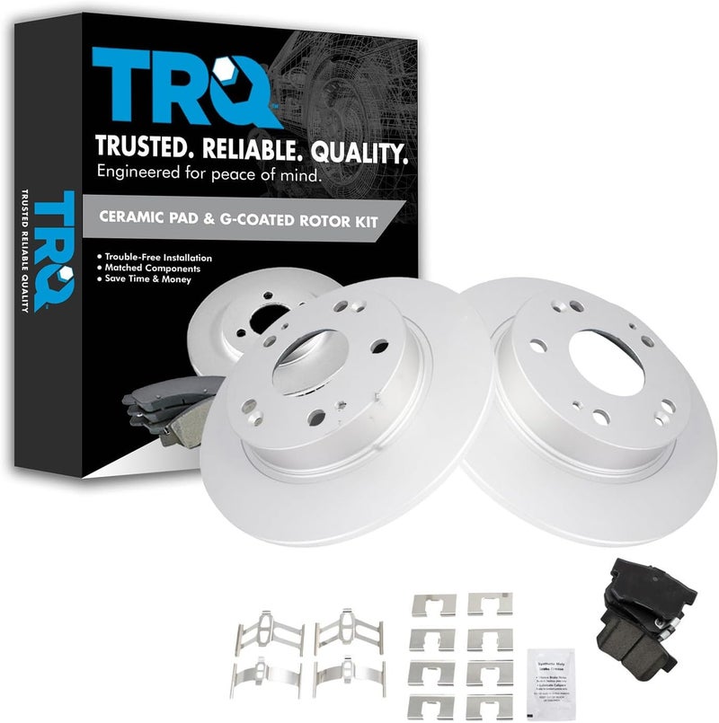 TRQ Rear Brake Pad and Rotor Set Ceramic G Coated Solid Rotors Compatible with 2013-2015 Acura ILX 2006-2015 Honda Civic - Image 1