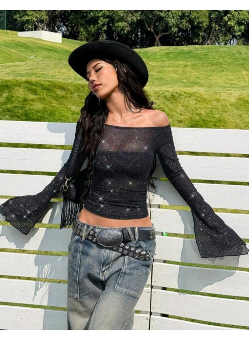 شي إن بلوزة SHEIN EZwear النسائية اللامعة المكشوفة الكتفين بأكمام واسعة ومقتضبة - Image 1