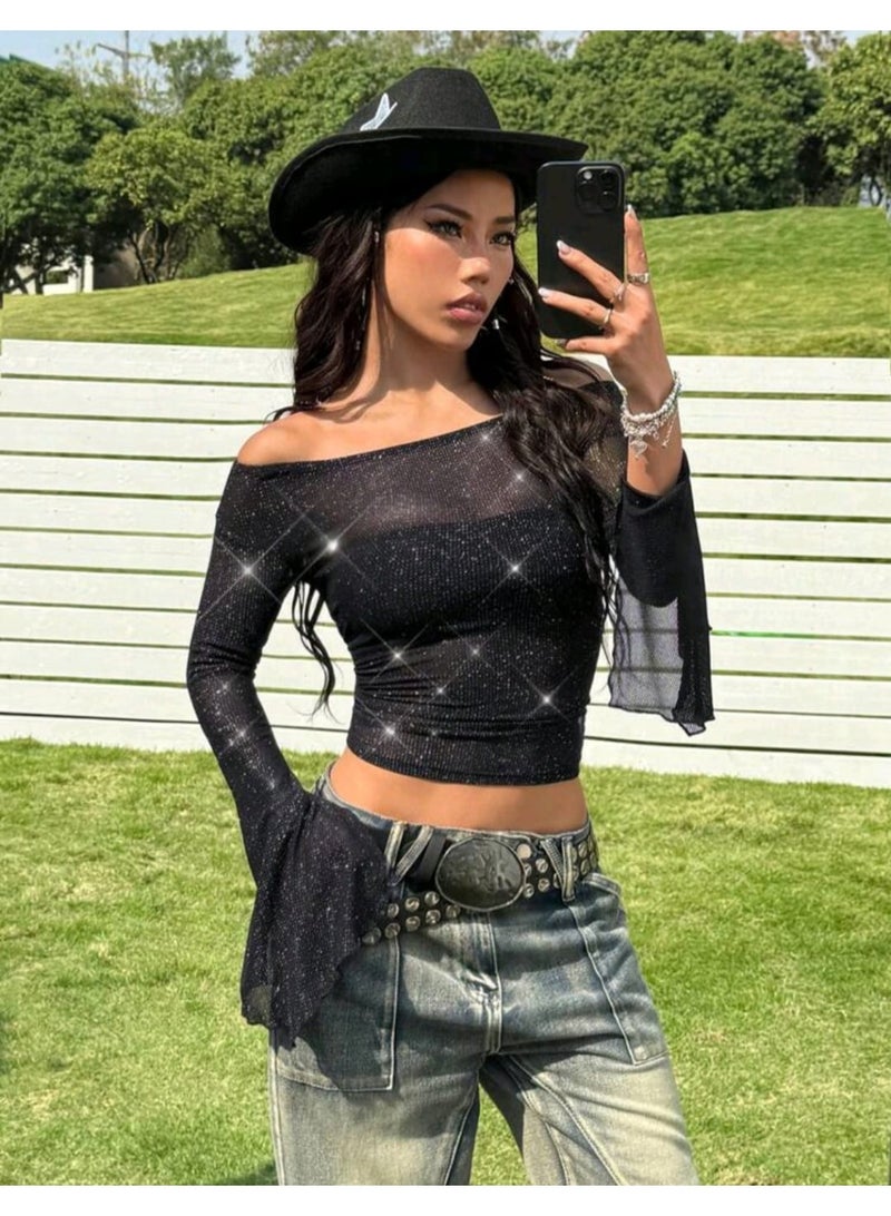 شي إن بلوزة SHEIN EZwear النسائية اللامعة المكشوفة الكتفين بأكمام واسعة ومقتضبة - Image 2