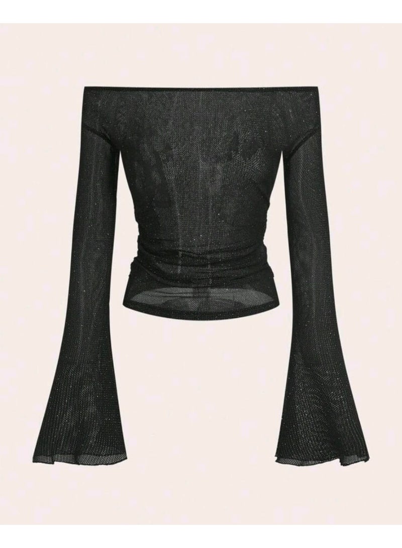 شي إن بلوزة SHEIN EZwear النسائية اللامعة المكشوفة الكتفين بأكمام واسعة ومقتضبة - Image 5