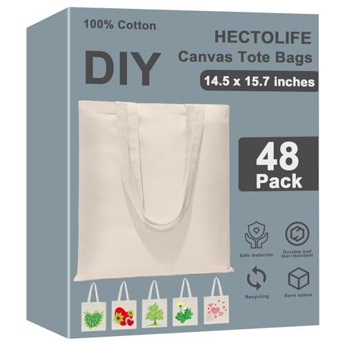HECTOLIFE 48 Pack Canvas Tote, Reusable Blank Canvas for Shopping,Grocery Bags,DIY Gift Bags - Image 1