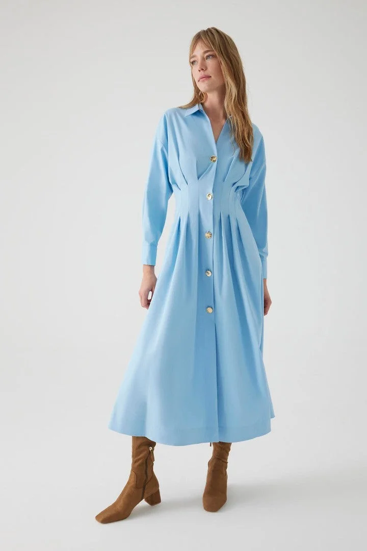 EXQUISE Cotton Midi Shirt Dress with Button Detail and Waistband