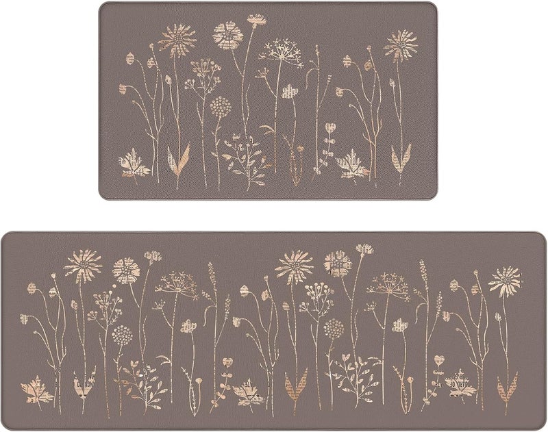 Rempry Floral Kitchen Mats for Floor Non Slip Kitchen Rugs and Mat Set of 2 Waterproof Cushioned Anti Fatigue Kitchen Mat 17x4717x29 Brown - Image 1