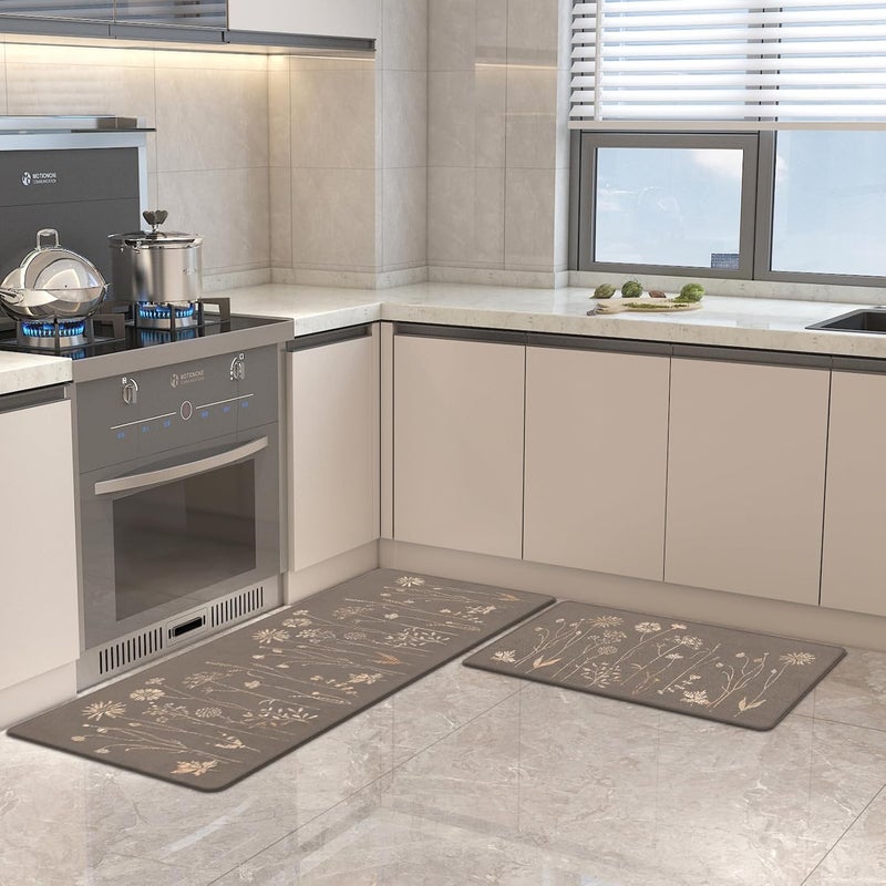 Rempry Floral Kitchen Mats for Floor Non Slip Kitchen Rugs and Mat Set of 2 Waterproof Cushioned Anti Fatigue Kitchen Mat 17x4717x29 Brown - Image 3