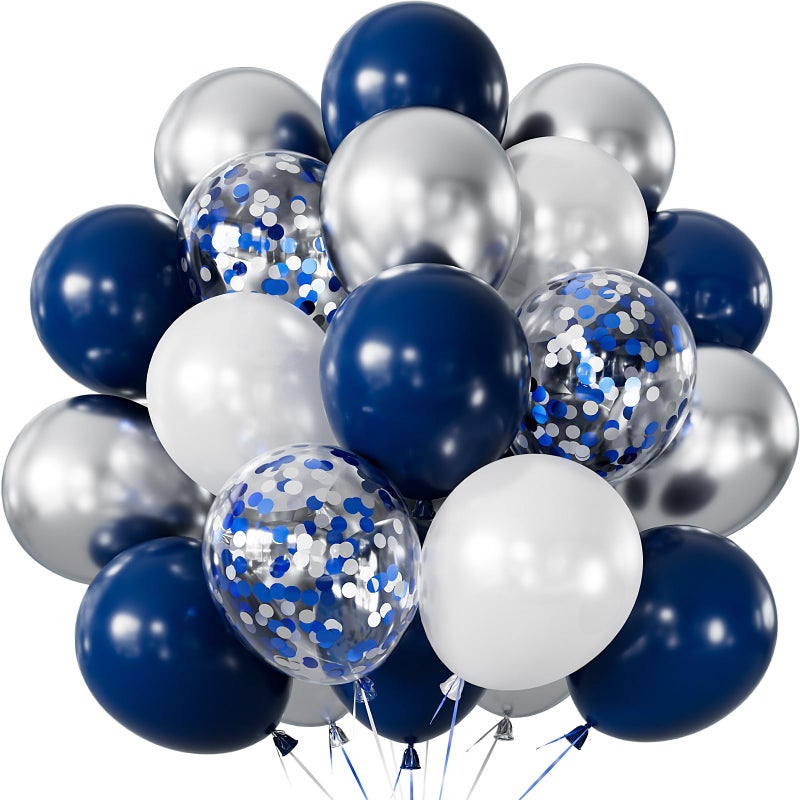 Haolongfa Navy Blue and Silver Balloons,12 Inch 60pcs Navy Blue Balloons with Silver Confetti Balloon,Pearl White Latex Balloon for Graduation,Birthday,Baby Shower,Anniversary,Wedding,Party - Image 1