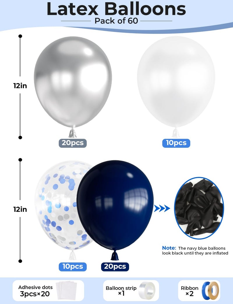 Haolongfa Navy Blue and Silver Balloons,12 Inch 60pcs Navy Blue Balloons with Silver Confetti Balloon,Pearl White Latex Balloon for Graduation,Birthday,Baby Shower,Anniversary,Wedding,Party - Image 3