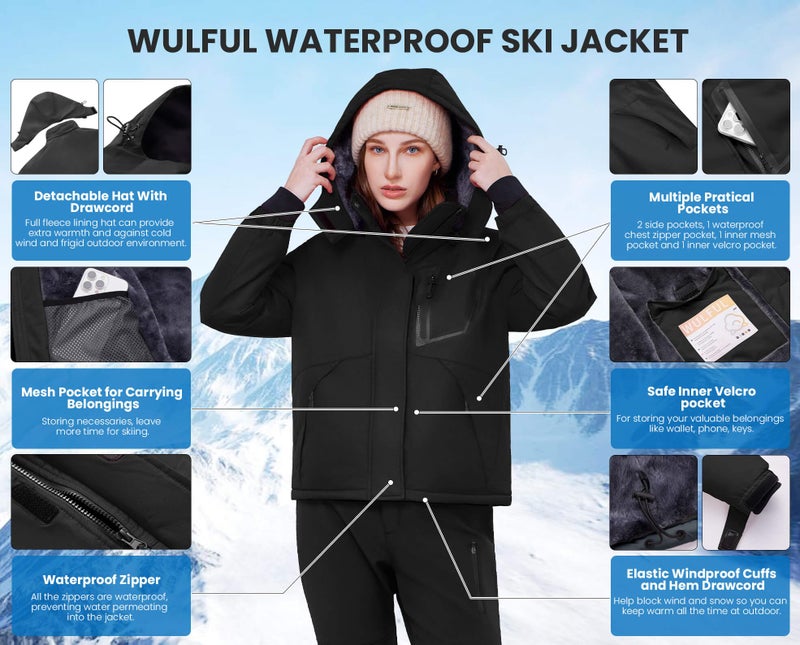 WULFUL Women's Waterproof Ski Jacket Warm Winter Coats Windproof Winter Jackets for Women Fleece Lined Windbreaker with Hood - Image 5
