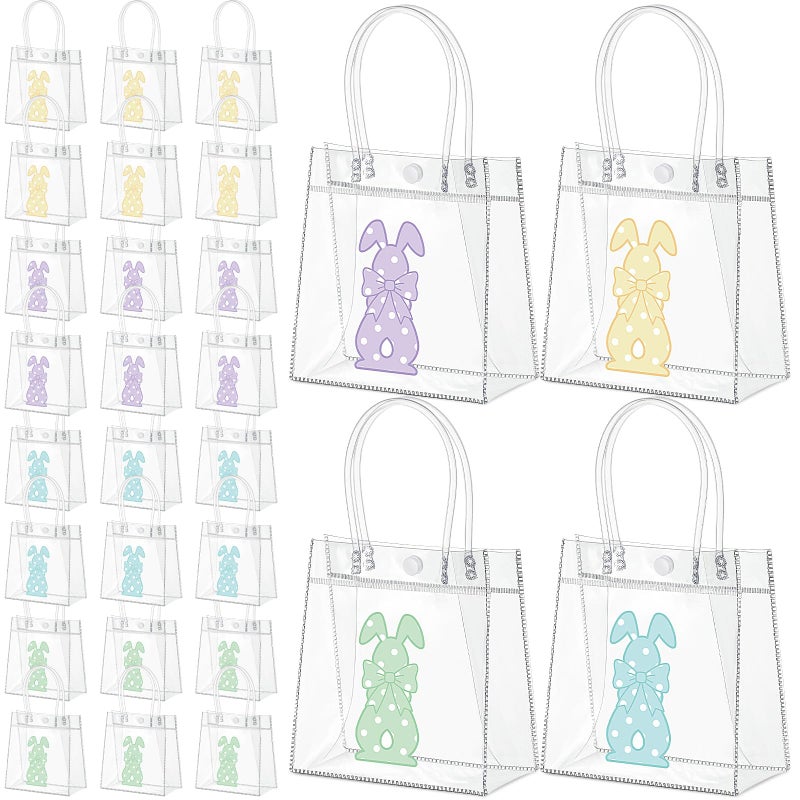 Aliceset 24pcs Happy Easter Gift Bags Bulk - Easter Clear PVC Bunny Gift Bags with Handle Reusable Candy Party Favor Totes for Snack Candy Treat Party Favor (Rabbit, 6.31"x 5.91"x 3.15") - Image 1