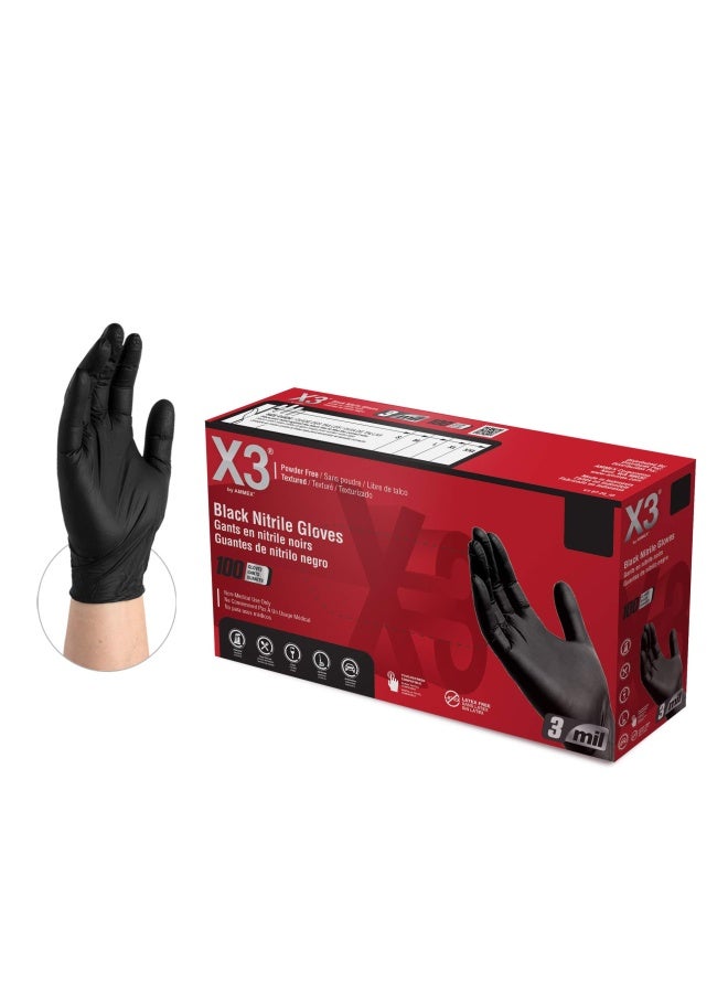 Ammex X3 Industrial Black Nitrile Gloves Box of 100 3 Mil Latex Free Powder Free Textured Disposable Food Safe - Image 1