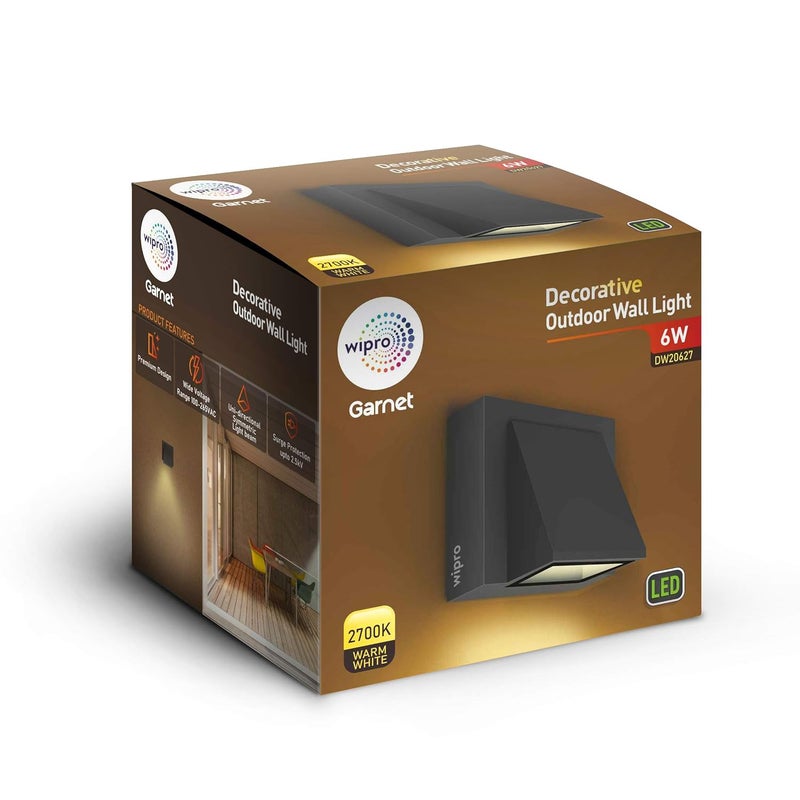 Wipro Garnet 1x6W Unidirectional Down Rectangular Outdoor Wall Light for Home | IP54 Led Wall Light | Warm White, Yellow 2700K | Aluminium Housing |Pack of 1 - Image 1