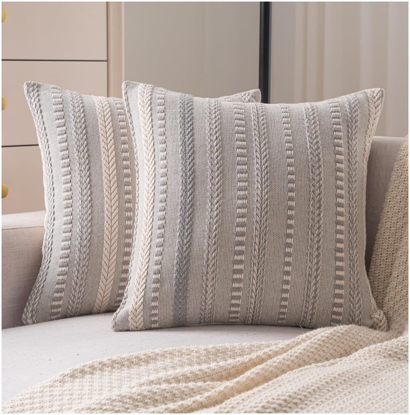 Cethom Boho Throw Pillow Covers 18x18 Inch Set of 2, Farmhouse Decorative Couch Pillow Cases, Grey Accent Pillows of Bed, Sofa Bedroom Living Room Home Decor Cushion Cover - Image 1