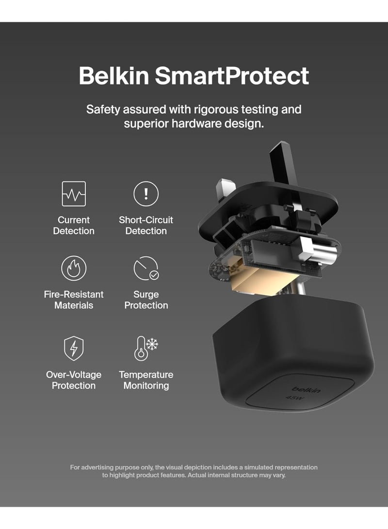بيلكين شاحن صغير Belkin BoostCharge بقوة 45 واط، سريع بمنفذ USB-C لهاتف Apple iPhone 16، و16 Plus، و16 Pro، و16 Pro Max، و15، و15 Plus، و15 Pro، و15 Pro Max، وSamsung Galaxy S25، وiPad، وAirPods وأكثر - أسود - Image 4