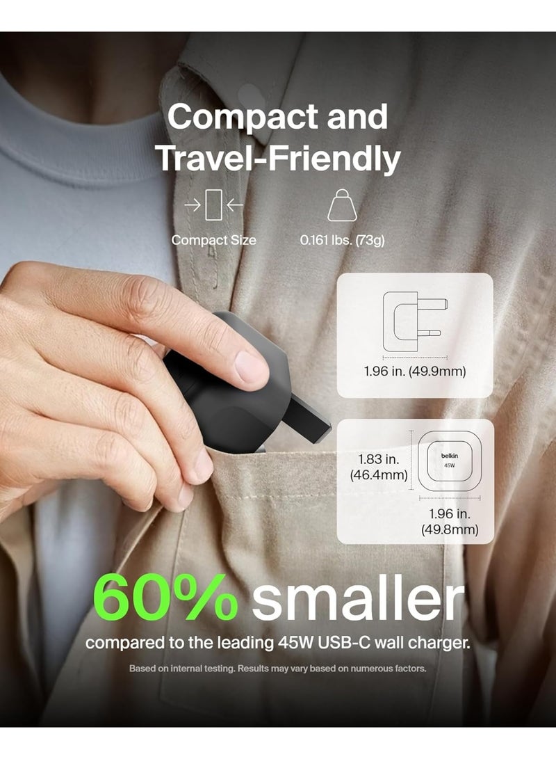 بيلكين شاحن صغير Belkin BoostCharge بقوة 45 واط، سريع بمنفذ USB-C لهاتف Apple iPhone 16، و16 Plus، و16 Pro، و16 Pro Max، و15، و15 Plus، و15 Pro، و15 Pro Max، وSamsung Galaxy S25، وiPad، وAirPods وأكثر - أسود - Image 3