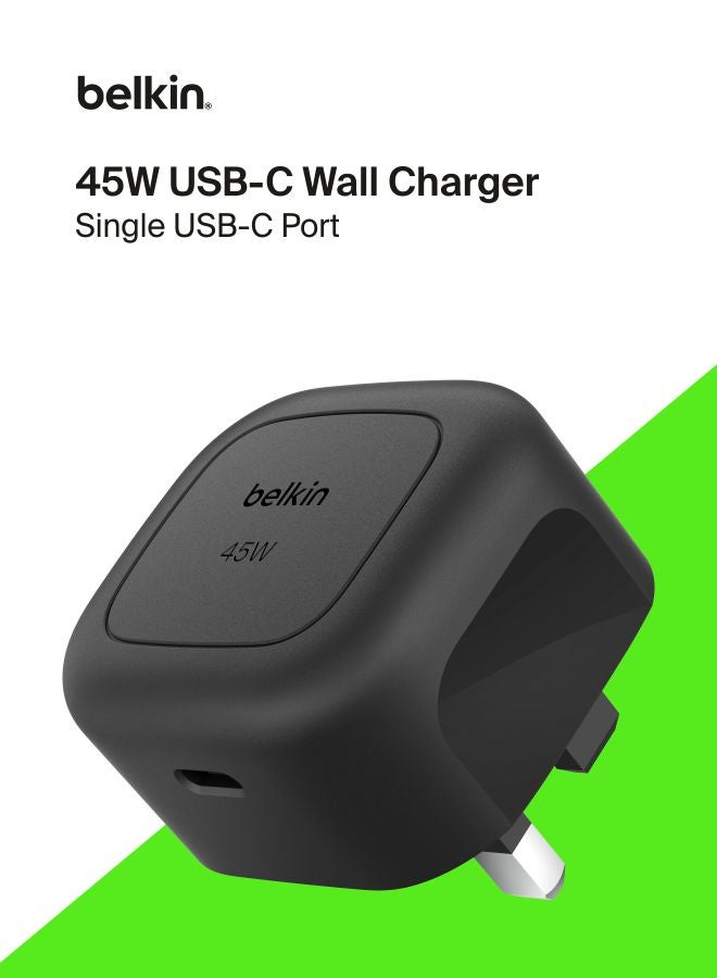 belkin Compact Wall Charger 45W, USB-C Power Delivery Fast Charging for Apple iPhone 16, 16 Plus, 16 Pro, 16 Pro Max, 15 Serie, Samsung Galaxy S25, iPad, AirPods & More - Black Black - Image 1