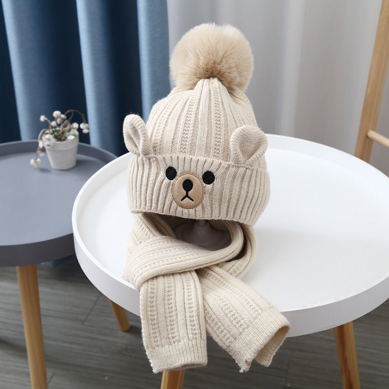 Childrens Hat Scarf Set Boys and Girls Baby Wool Cap Fleece Warm Childrens Pullover Knitted Hat Korean Cute Bear Ears Set-Beige