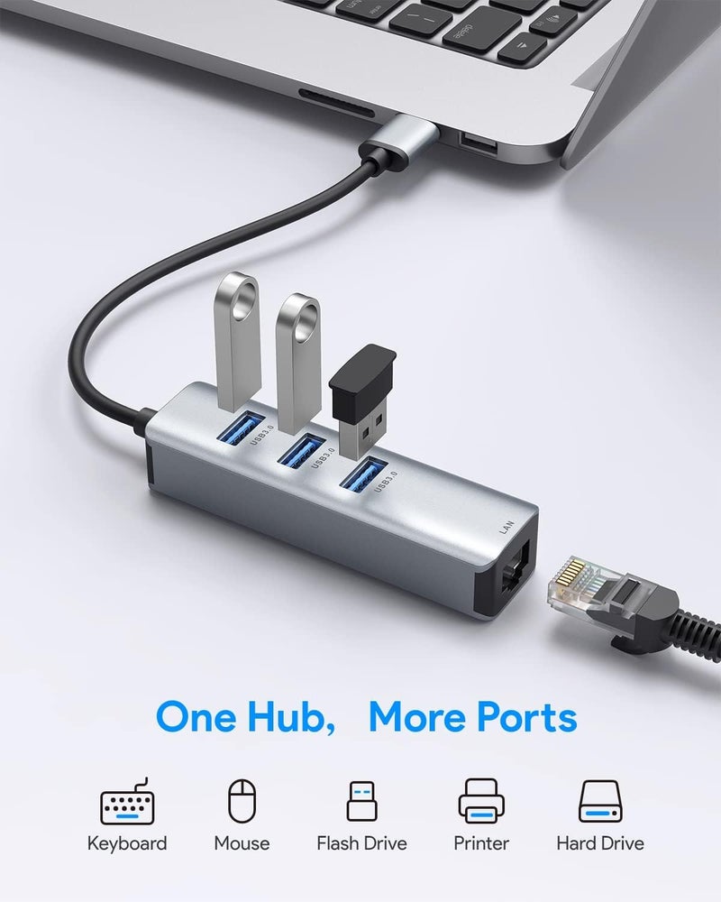 ABLEWE USB 3.0 to Ethernet Adapter, 3-Port USB 3.0 Hub with RJ45 10/100/1000 Gigabit Ethernet Adapter Support Windows 10,8.1,Mac OS, Surface Pro,Linux,Chromebook and More - Image 2