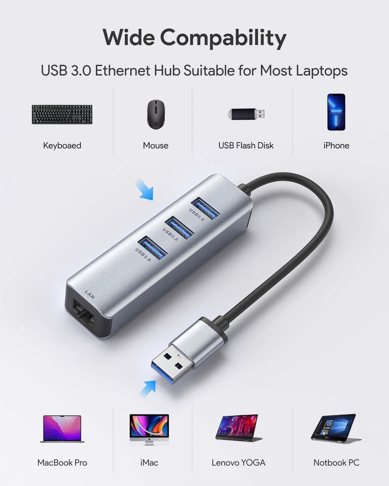ABLEWE USB 3.0 to Ethernet Adapter, 3-Port USB 3.0 Hub with RJ45 10/100/1000 Gigabit Ethernet Adapter Support Windows 10,8.1,Mac OS, Surface Pro,Linux,Chromebook and More - Image 5