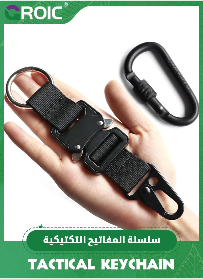 GROIC 2Pcs Military Tactical Keychain for Men with Quick Release Metal Buckle EDC Gear Clips with HK Clip and Stainless Steel Ring for Camping, Hiking, Fishing, Outdoor, Black  - Image 1