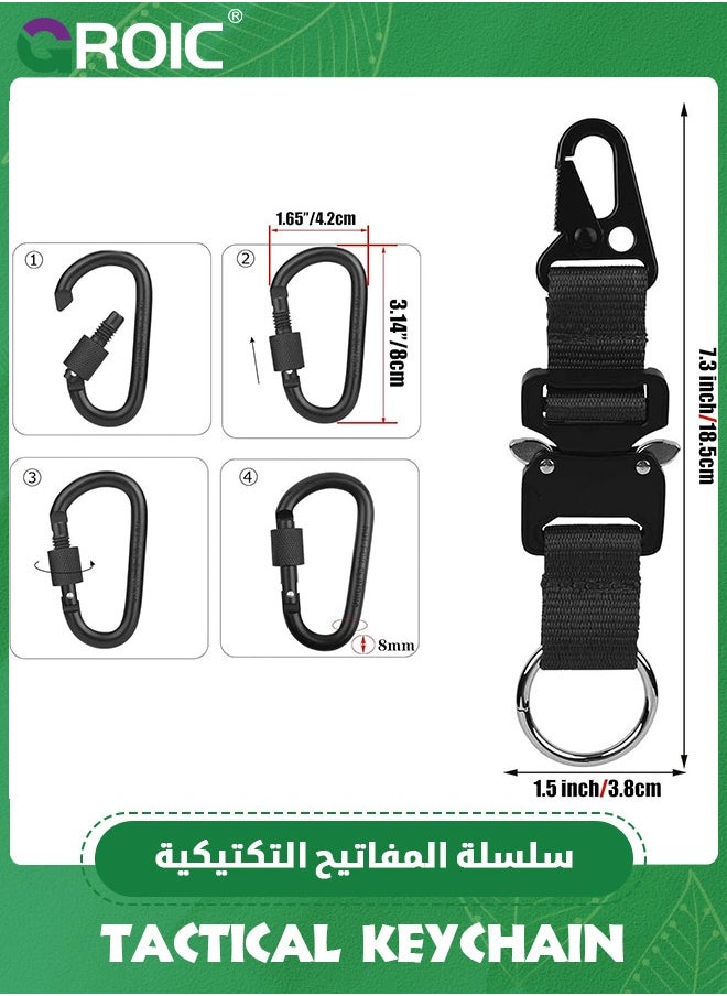 GROIC 2Pcs Military Tactical Keychain for Men with Quick Release Metal Buckle EDC Gear Clips with HK Clip and Stainless Steel Ring for Camping, Hiking, Fishing, Outdoor, Black  - Image 2