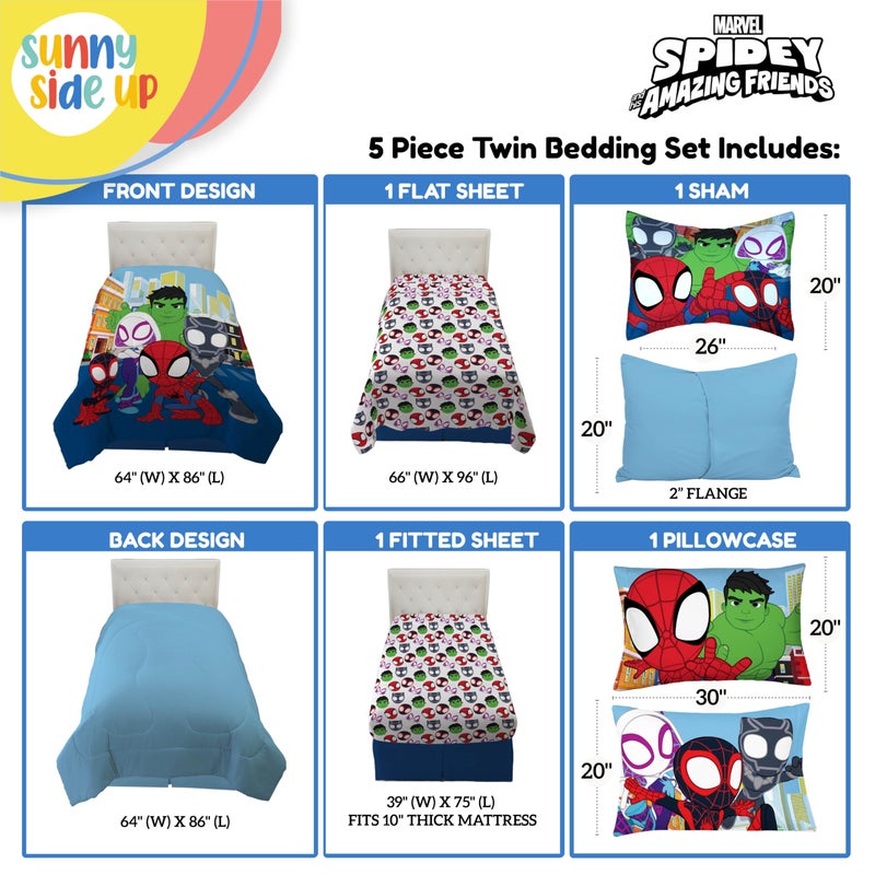 Sunny Side Up Marvel Spidey & His Amazing Friends Twin Comforter Set - 5 Piece Kids Bedding Includes Comforter, Sheets & Pillow Cover - Super Soft Superheroes Microfiber Bed Set - Image 3