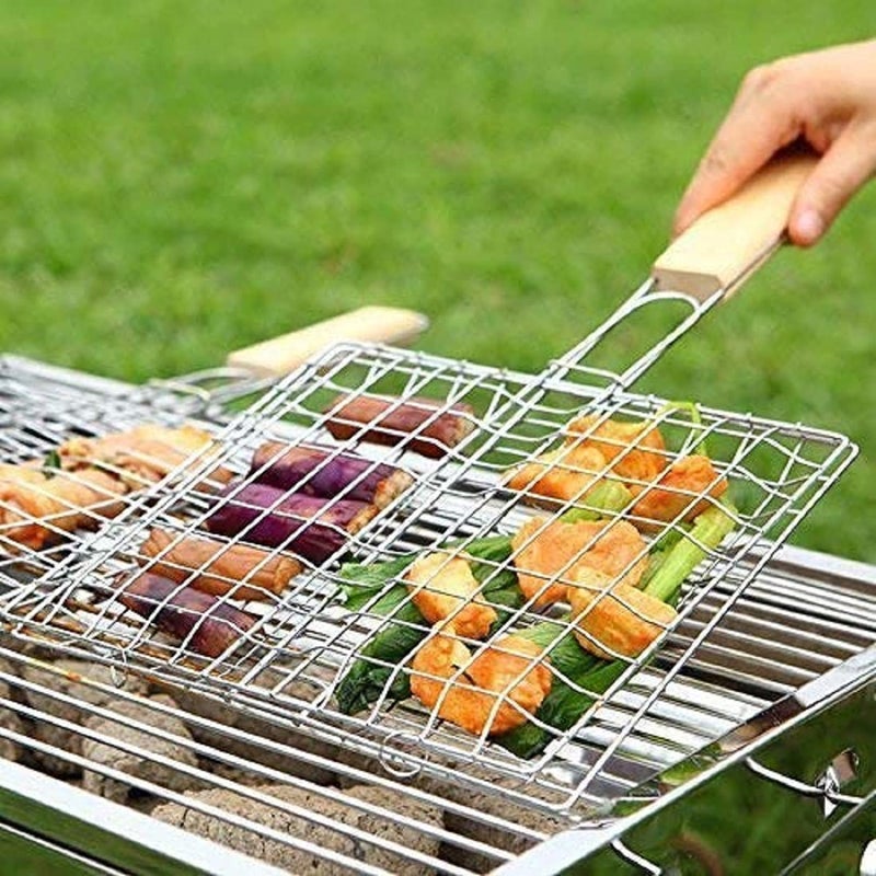 Matiko Portable BarbecueBBQ GrillBarbeque SticksBBQ StandBarbecue GridsBarbeque GrillNet Basket Roast Grilling Tray Chromium Plated Wooden Handle for Fish Meat Vegetable Steak Shrimp Small Size  - Image 1