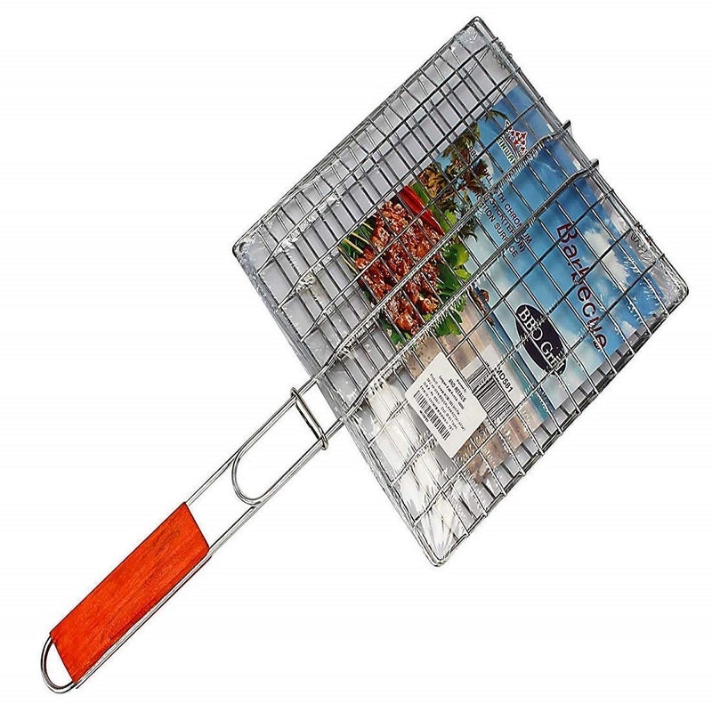 Matiko Portable BarbecueBBQ GrillBarbeque SticksBBQ StandBarbecue GridsBarbeque GrillNet Basket Roast Grilling Tray Chromium Plated Wooden Handle for Fish Meat Vegetable Steak Shrimp Small Size  - Image 2