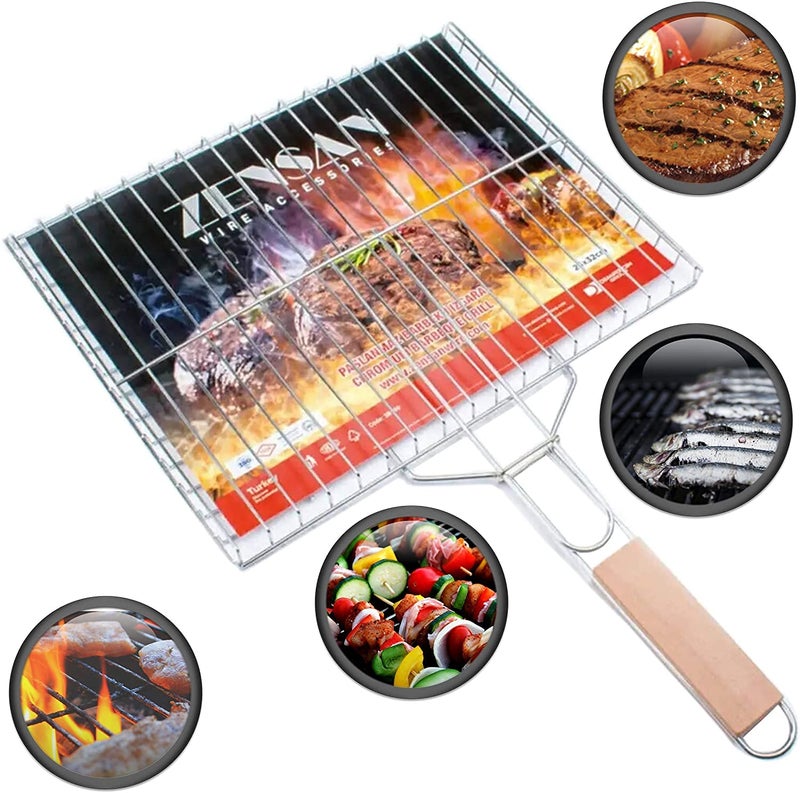 Matiko Portable BarbecueBBQ GrillBarbeque SticksBBQ StandBarbecue GridsBarbeque GrillNet Basket Roast Grilling Tray Chromium Plated Wooden Handle for Fish Meat Vegetable Steak Shrimp Small Size  - Image 3